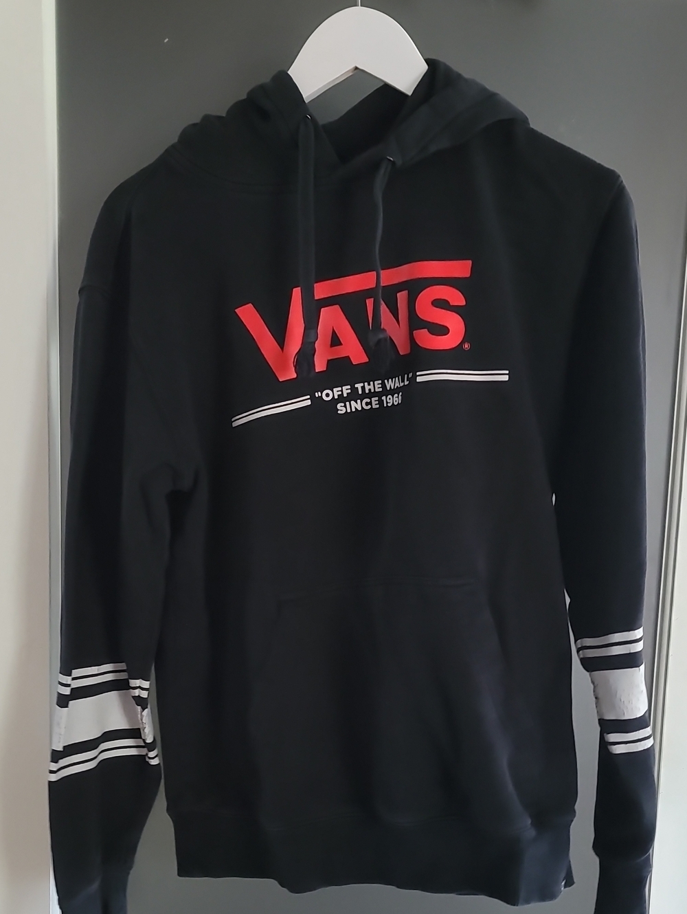 Vans Black Hoodie with Red Logo and White Stripe Accents